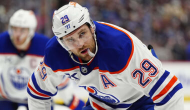 Mar 10, 2026; Denver, Colorado, USA; Edmonton Oilers center Leon Draisaitl (29) during the first period against the Colorado Avalanche at Ball Arena. Mandatory Credit: Ron Chenoy-Imagn Images