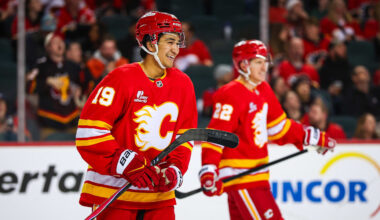 Apr 16, 2026; Calgary, Alberta, CAN; Calgary Flames defenseman Zayne Parekh (19) celebrates his goal against the Los Angeles Kings during the third period at Scotiabank Saddledome. Mandatory Credit: Sergei Belski-Imagn Images