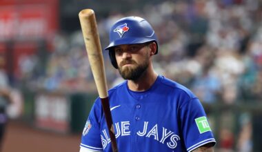 Apr 19, 2026; Phoenix, Arizona, USA; Toronto Blue Jays outfielder Nathan Lukes against the Arizona Diamondbacks at Chase Field. Mandatory Credit: Mark J. Rebilas-Imagn Images