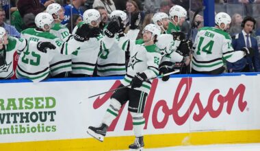Apr 13, 2026; Toronto, Ontario, CAN; Dallas Stars center Mavrik Bourque (22) celebrates at the bench after scoring a goal against the Toronto Maple Leafs during the third period at Scotiabank Arena. Mandatory Credit: Nick Turchiaro-Imagn Images