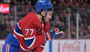 Apr 7, 2026; Montreal, Quebec, CAN; Montreal Canadiens forward Kirby Dach (77) heads to the dressing room after getting injured during the first period of the game against the Florida Panthers at the Bell Centre. Mandatory Credit: Eric Bolte-Imagn Images