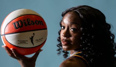 Indiana Fever guard Raven Johnson (3) poses for a photo Wednesday, April 22, 2026, during media day at Gainbridge Fieldhouse in Indianapolis.