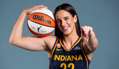Indiana Fever guard Caitlin Clark (22) poses for a photo Wednesday, April 22, 2026, during media day at Gainbridge Fieldhouse in Indianapolis.