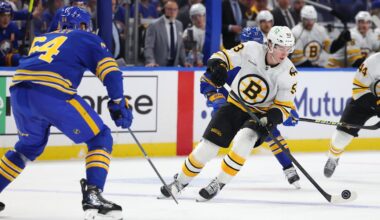 Apr 21, 2026; Buffalo, New York, USA; Boston Bruins center Fraser Minten (93) controls the puck during the first period against the Buffalo Sabres in game two of the first round of the 2026 Stanley Cup Playoffs at KeyBank Center. Mandatory Credit: Timothy T. Ludwig-Imagn Images