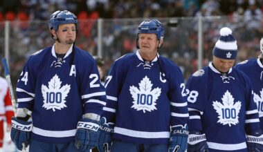 Dec 31, 2016; Toronto, ON, Canada; Toronto Maple Leafs defenseman Bryan McCabe (24) and forward Darryl Sittler (27) and forward Tie Domi (28) before their game against the Detroit Red Wings during the 2017 Rogers NHL Centennial Classic Alumni Game at BMO Field. The Red Wings beat the Maple Leafs 4-3. Mandatory Credit: Tom Szczerbowski-Imagn Images