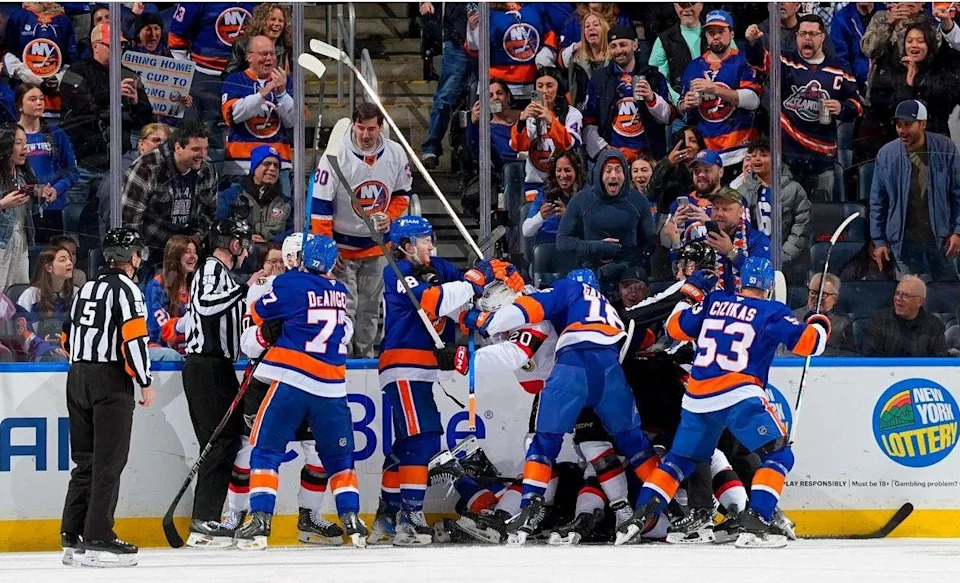 A scrum between Senators and Islanders players breaks out after Ottawa defenceman Nikolas Matinpalo jousted with New York’s Matthew Schaefer.
