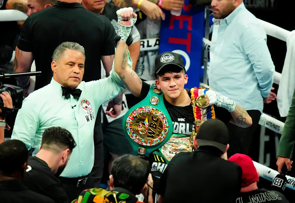 Jesse ‘Bam’ Rodriguez celebrates knocking out Juan Francisco Estrada during the Matchroom Boxing Main Event at the Footprint Center. during the Matchroom Boxing Main Event at the Footprint Center on June 29, 2024, in Phoenix.