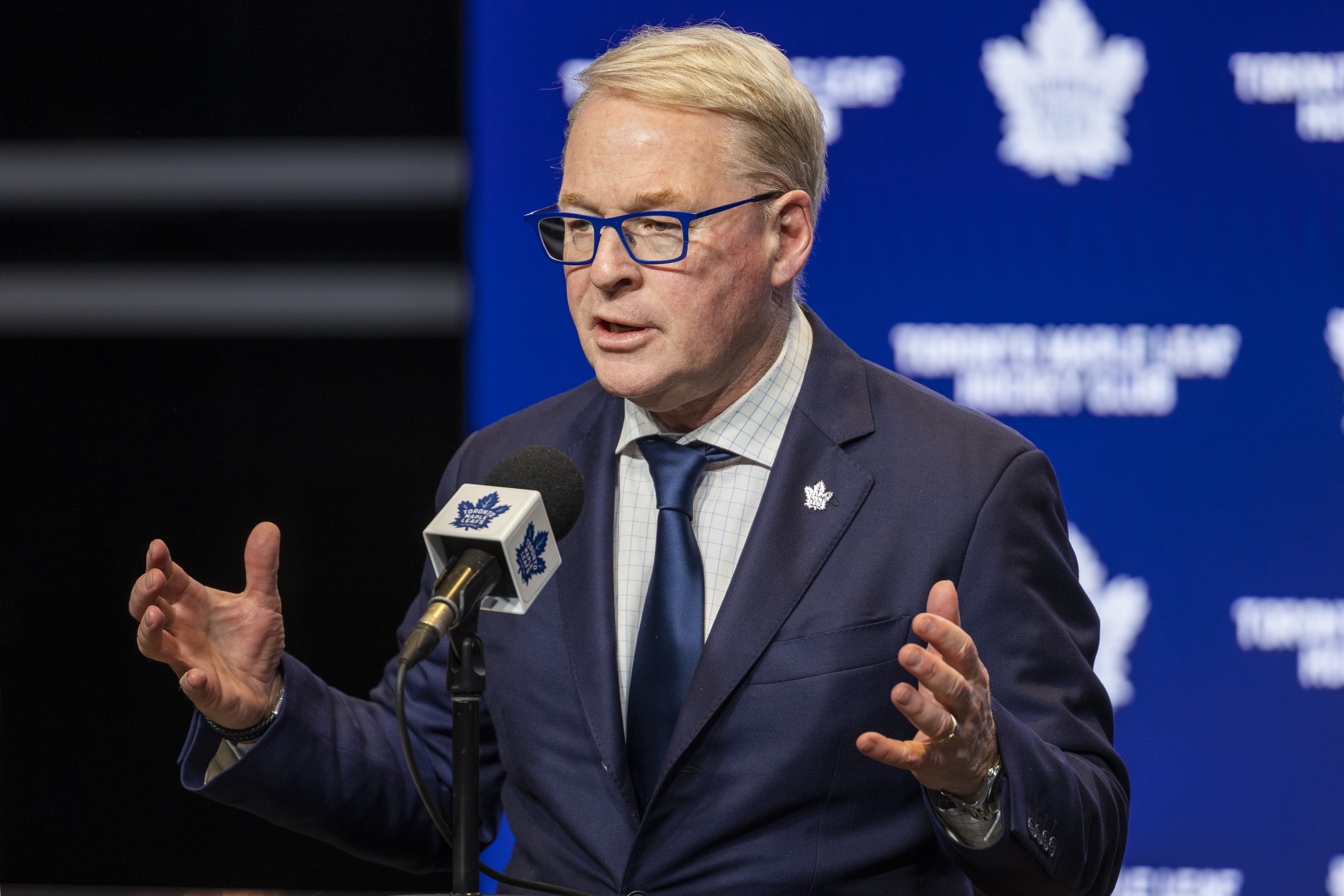 President and CEO of Maple Leaf Sports & Entertainment, Keith Pelley addresses media at Scotiabank Arena in Toronto on Tuesday March 31, 2026, following the firing of Toronto Maple Leafs GM Brad Treliving.