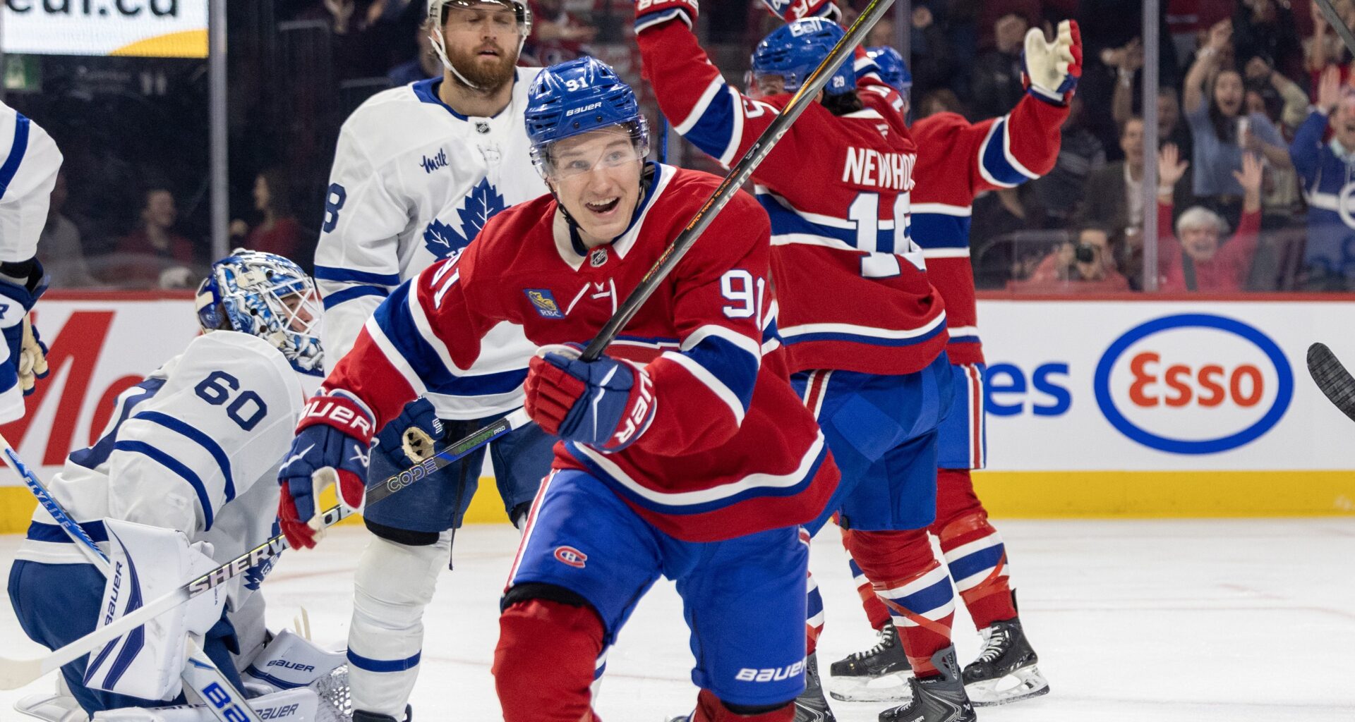 Canadiens forward Oliver Kapanen celebrates after scoring against the Toronto Maple Leafs during first period in Montreal on March 10, 2026.