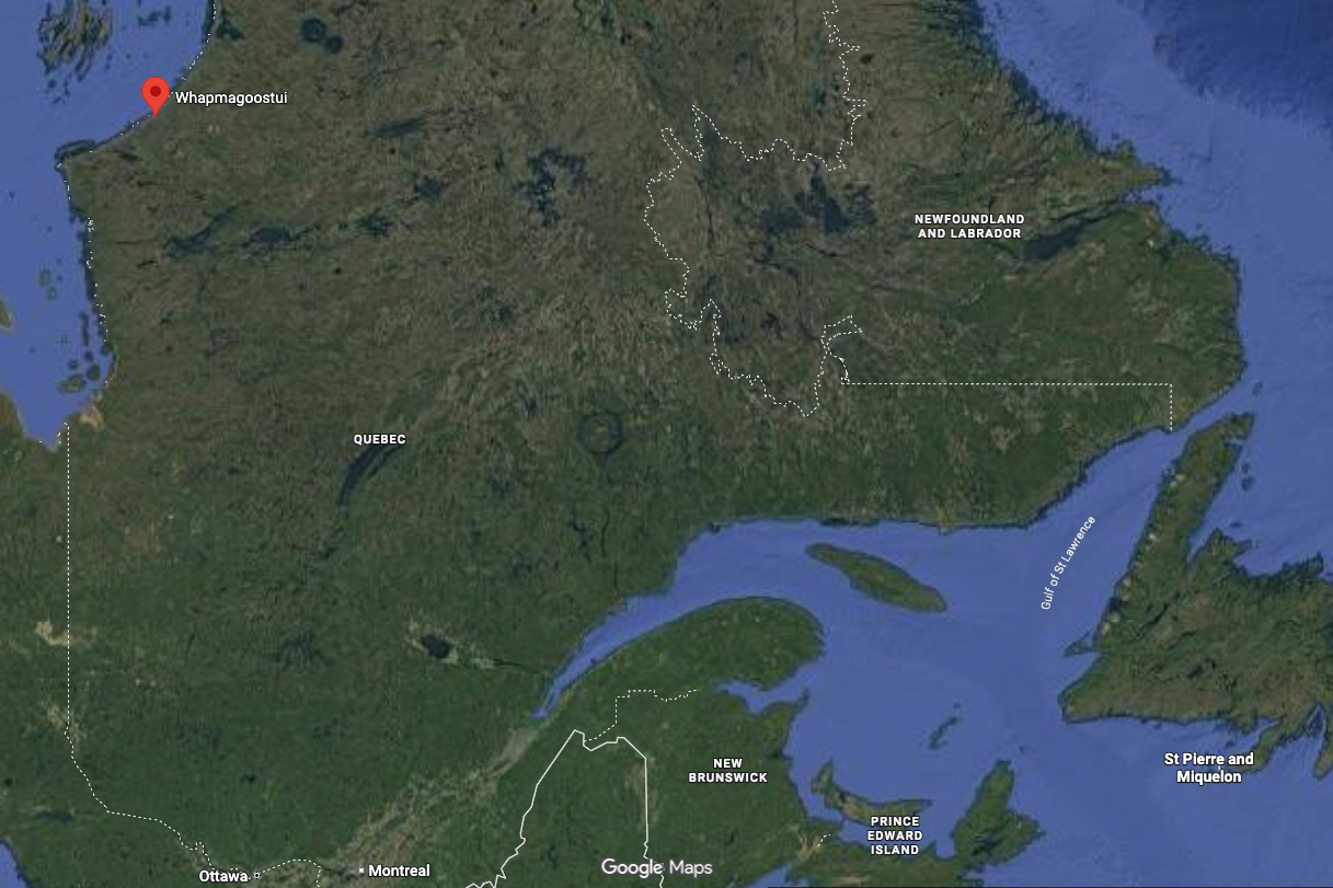 A map of Quebec with the northern Cree community of Whapmagoostui highlighted.