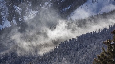 Wind-blown snow tumbles through the trees below Yamnuska east of Exshaw, Ab., on Tuesday, April 7, 2026.