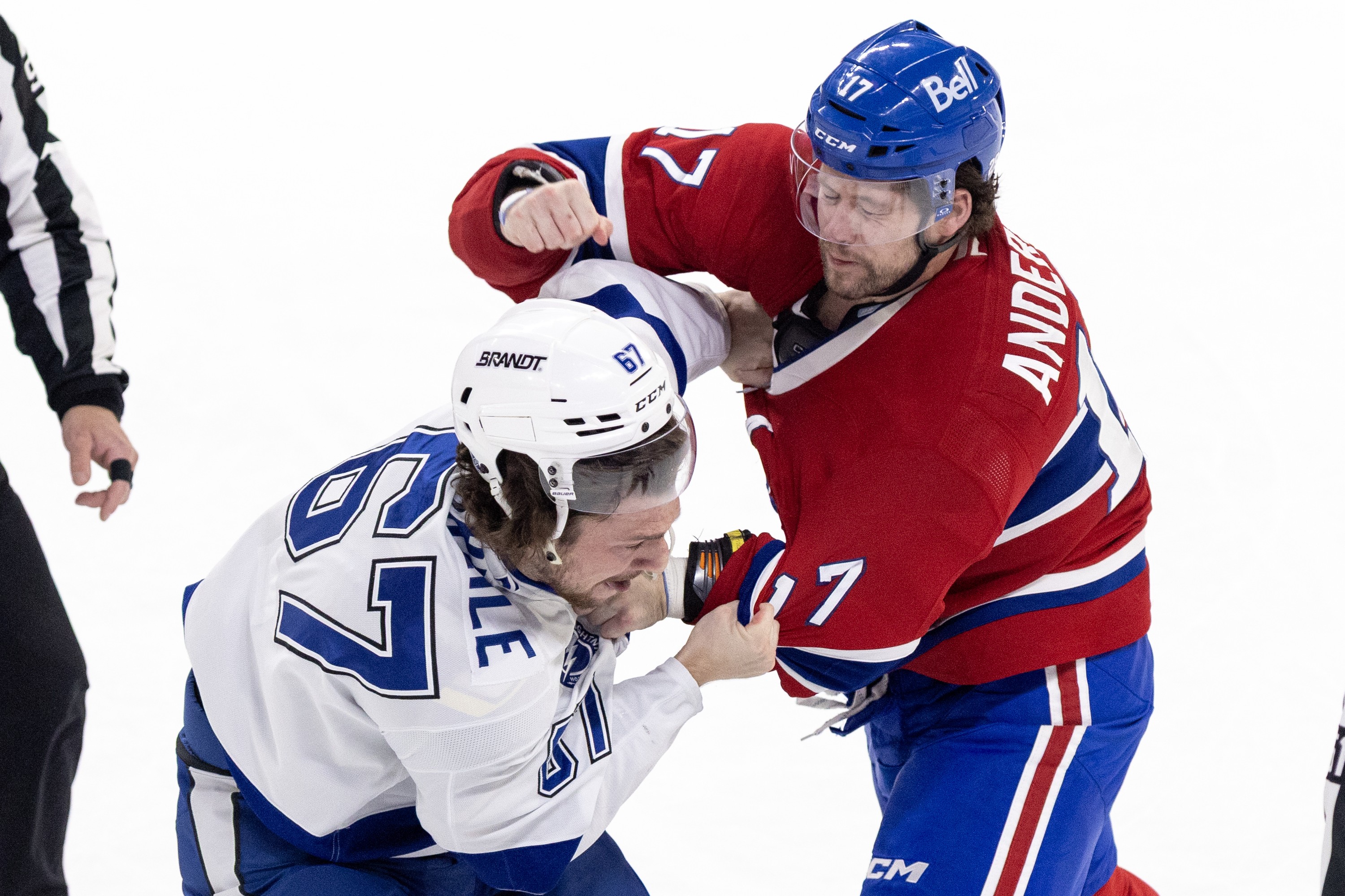 Canadiens winger Josh Anderson punches Tampa Bay Lightning's Declan Carlile during second period in Montreal last Thursday, when the teams combined for 122 penalty minutes through the first two periods.