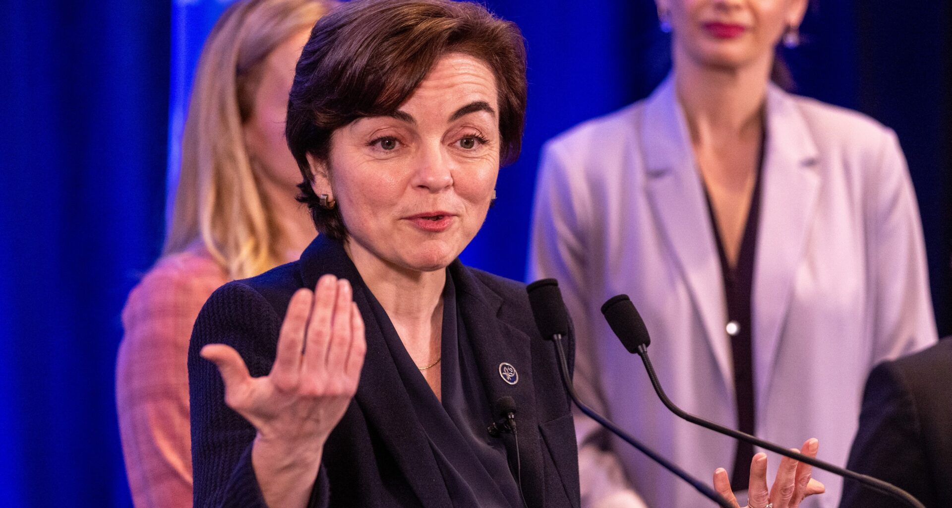 Quebec Premier Christine Fréchette speaks during her first press conference as premier in Laval on Friday, April 17, 2026.