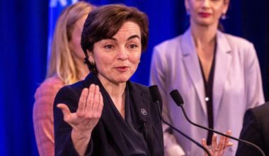 Quebec Premier Christine Fréchette speaks during her first press conference as premier in Laval on Friday, April 17, 2026.