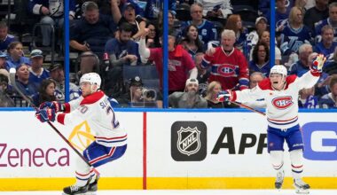 Canadiens wingers Juraj Slafkovsky, left, and Cole Caufield celebrate Slafkovsky