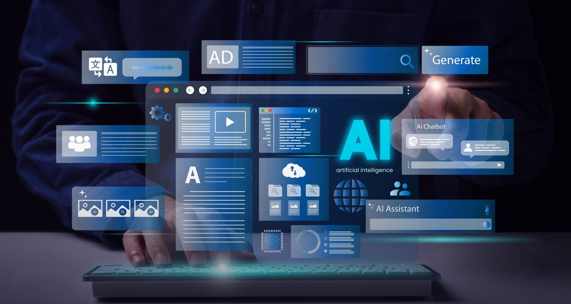 A man uses a laptop to interact with AI assistant. AI offers functions like chatbot, generate images, write code, writer bot, translate and advertising.