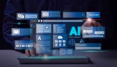 A man uses a laptop to interact with AI assistant. AI offers functions like chatbot, generate images, write code, writer bot, translate and advertising.