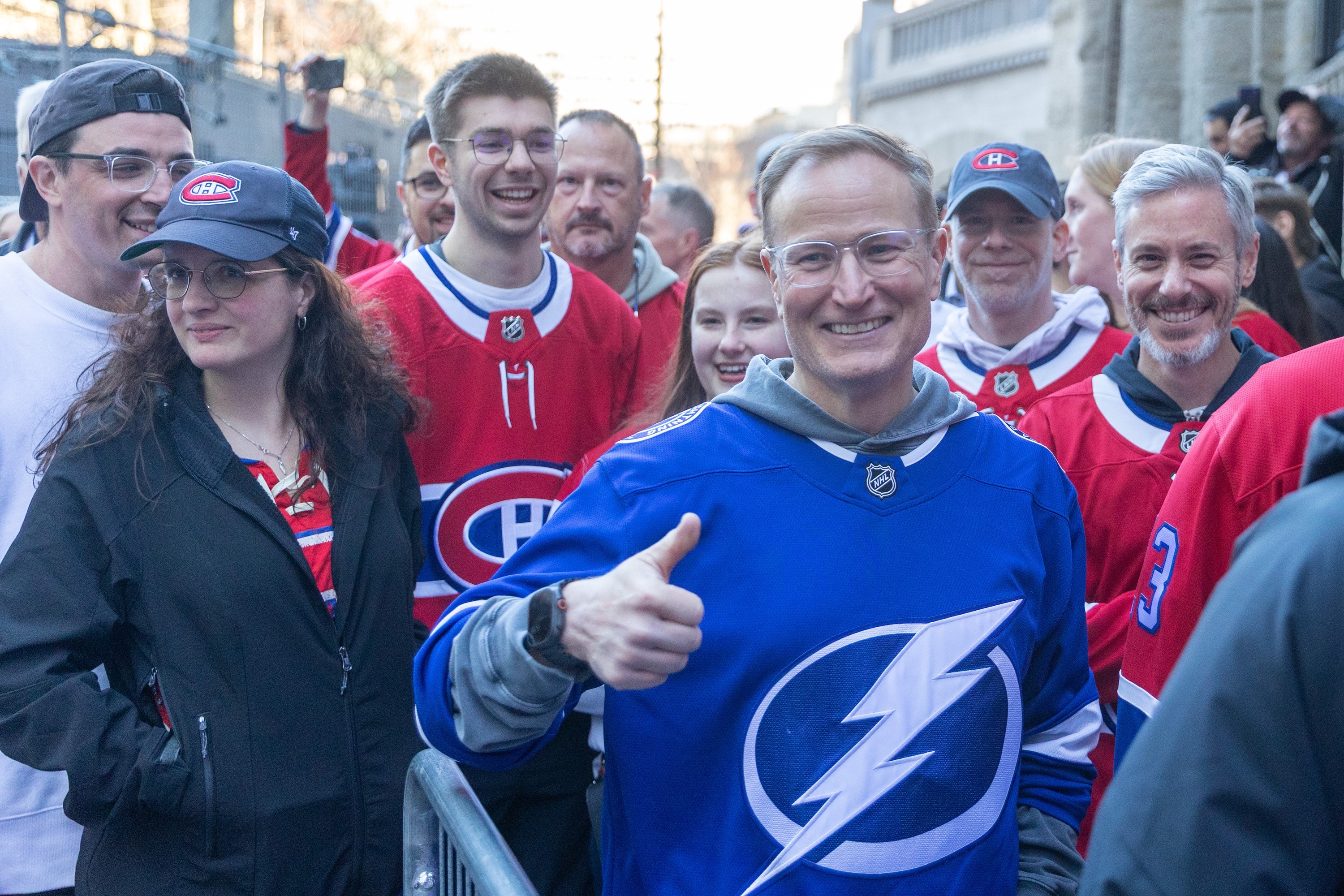 One man dressed in Tampa jersey outside Bell Centre