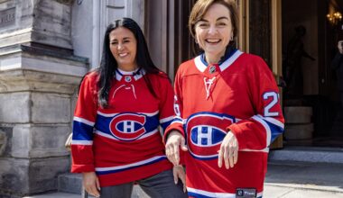 Montreal Mayor Soraya Martinez Ferrada and Québec Premier Christine Fréchette in Montreal Canadiens jerseys outside city hall in Montreal.