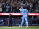 Trey Yesavage of the Toronto Blue Jays tips his cap to the crowd after being relieved in the sixth inning of a game against the Boston Red Sox at Rogers Centre on April 28, 2026 in Toronto.