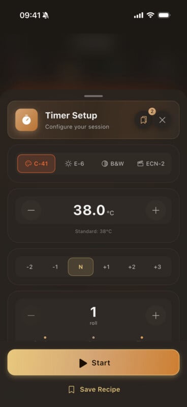 A smartphone screen shows a "Timer Setup" for film development with options for C-41, E-6, B&W, and ECN-2. Temperature is set to 38.0°C, and one roll is selected. "Start" and "Save Recipe" buttons are at the bottom.
