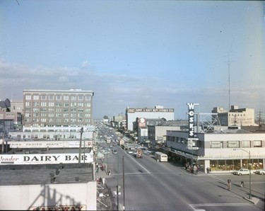 1958: Photographed from a rooftop, this shot of Columbia Avenue in New Westminster shows stores including Army & Navy, Wosk's, and Wonder Dairy Bar.