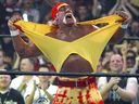 Hulk Hogan fires up the crowd between matches during WrestleMania 21 in 2005.