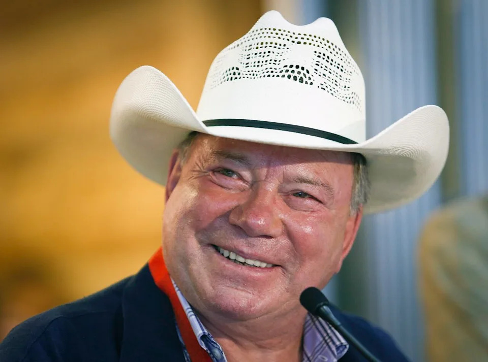 Calgary Stampede Parade Marshal William Shatner speaks to the media about the upcoming event at a news conference in Calgary, Thursday, July 3, 2014.