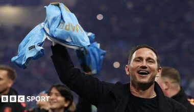 Frank Lampard kisses the Championship trophy after the match between Coventry City and Wrexham in April 2026.