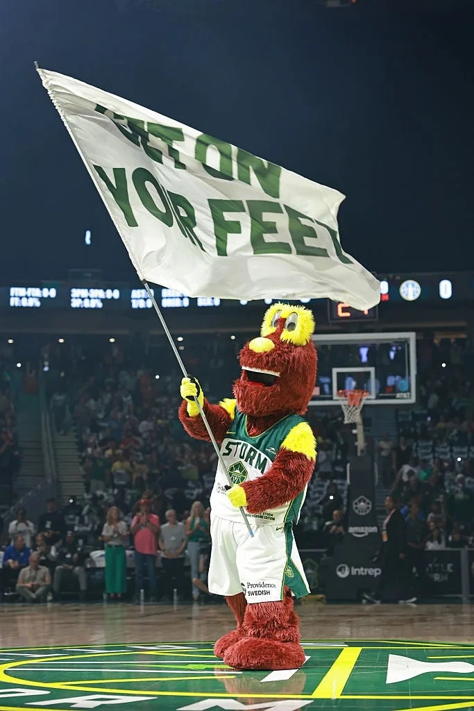 Basketball mascot on court waving a large flag that reads "GET ON YOUR FEET," engaging the crowd during a game