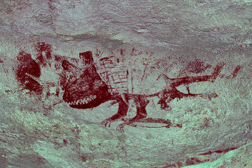 Rock art depicting Tasmanian tigers