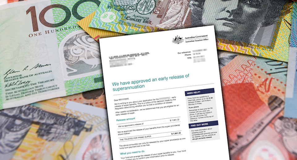 Early superannuation release document from ATO and Australian cash.