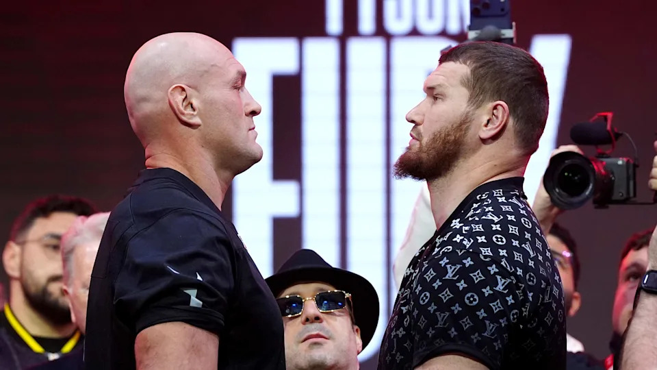 Tyson Fury (left) and Arslanbek Makhmudov during the Weigh In at The Pelligon, London. Picture date: Friday April 10, 2026. (Photo by Bradley Collyer/PA Images via Getty Images)