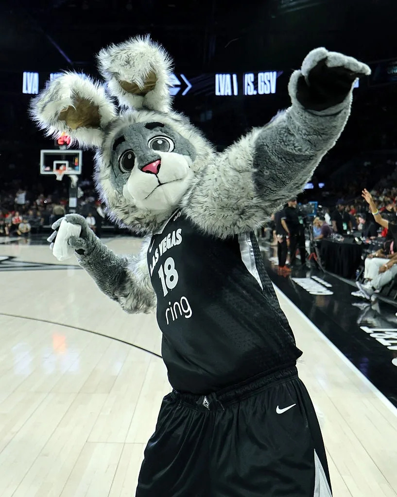 A basketball mascot in a bunny costume poses energetically on the court, wearing a jersey with the number 18