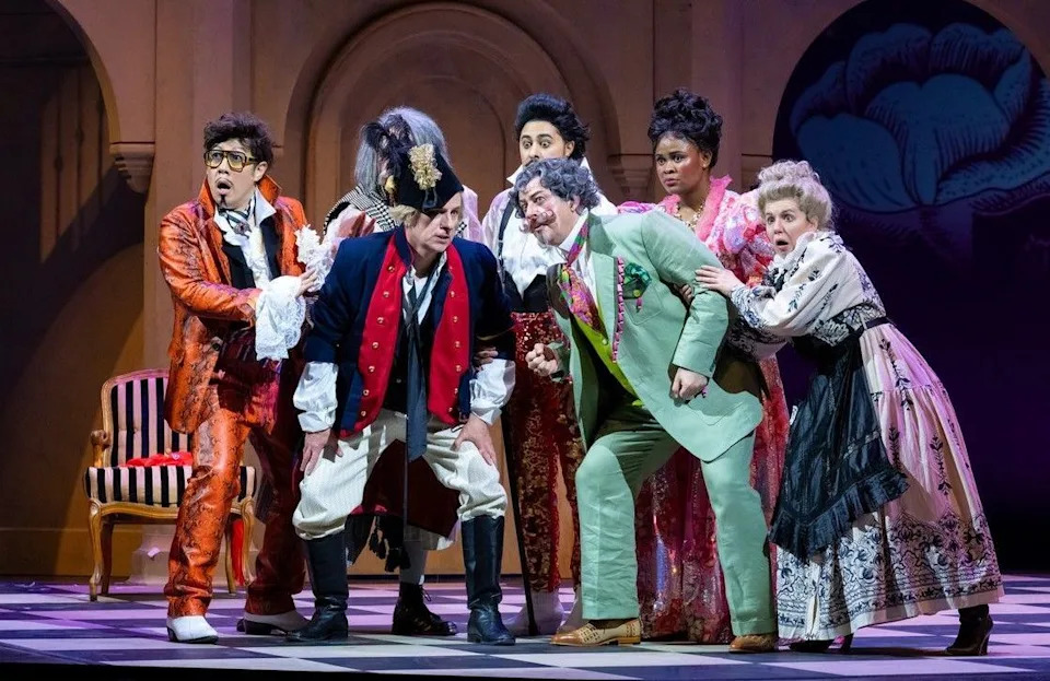 Calgary Opera’s The Barber of Seville with, front row, Adam Lau, John Tessier, Dion Mazerolle and Kelsey Ronn. Back row is Ryan Nauta, (hidden) Grisha Martirosyan and Siphozaki Molteno. Photos, William Hosier