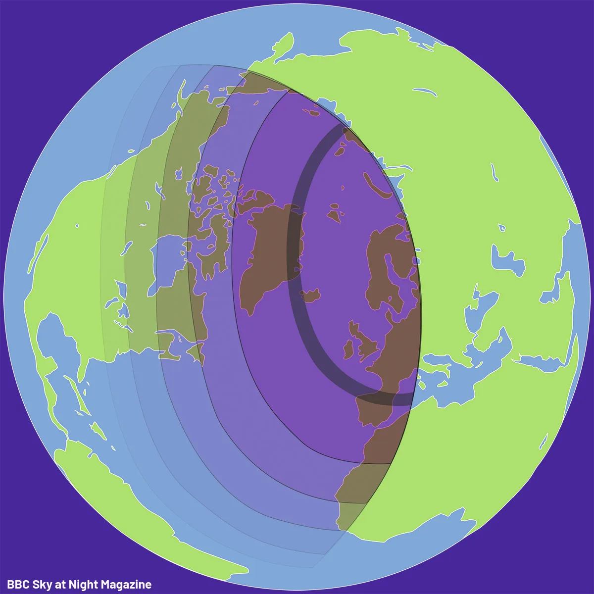 Map showing the path of the 12 August 2026 total solar eclipse. The path of totality is represented by a dark, thin line. Either side of that line, observers will see a partial solar eclipse. Credit: BBC Sky at Night Magazine / Paul Wootton