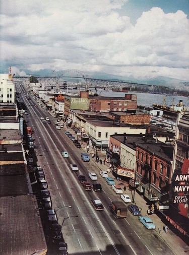 1960: Columbia Street in New Westminster photographed from the top of the Westminster Trust Block.
