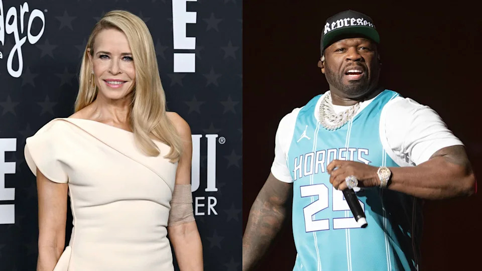 Chelsea Handler attends The 30th Annual Critics Choice Awards on February 7, 2025 at Barker Hangar in Santa Monica, California/50 Cent performs during DaBaby & Friends - Billion Dollar Baby Birthday Bash at Spectrum Center on January 22, 2025 in Charlotte, North Carolina.