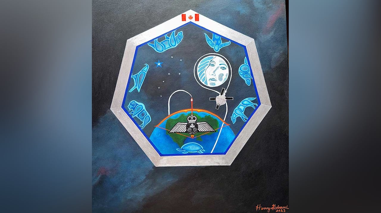 A painting a heptagon in space, with the earth, the moon, seven vibrant blue animals, and a yellow bow and arrow