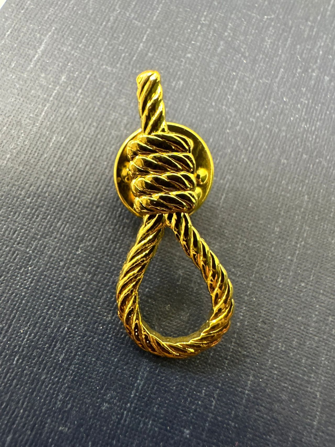 A close up of the noose lapel pin worn by far right members of the Israeli Knesset to hearings on the proposed death penalty bill.