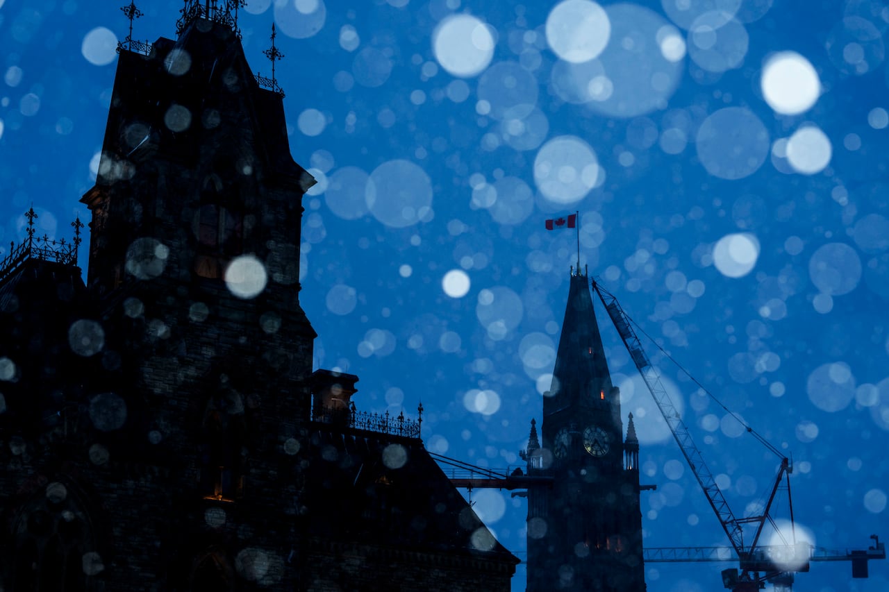 Falling snow near a legislature at either dawn or dusk.