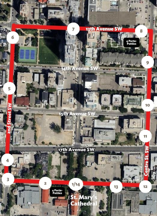 A map of Calgary with certain streets highlighted in red.