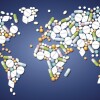 Pills, capsules and tablets that shape the map of the world, as a symbol for global medicine issues. Vector illustration.