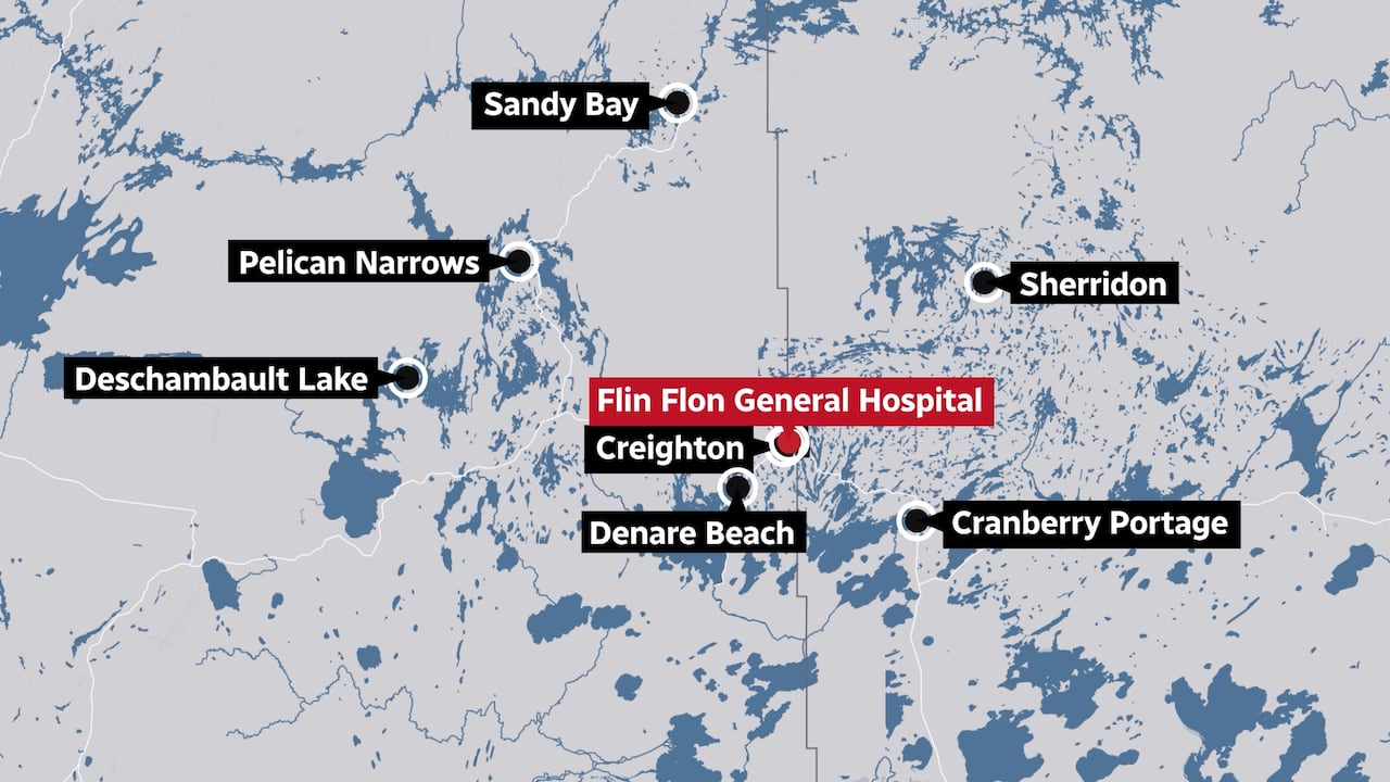 A map showing places in northern Manitoba and Saskatchewan