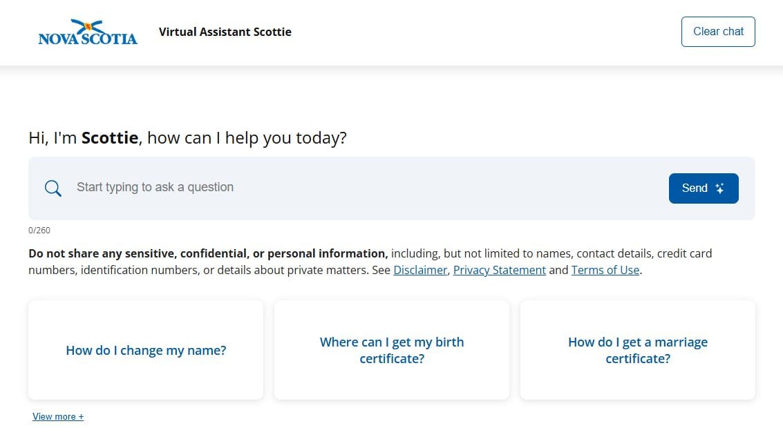 A webpage for an A.I. chatbot called Scottie.