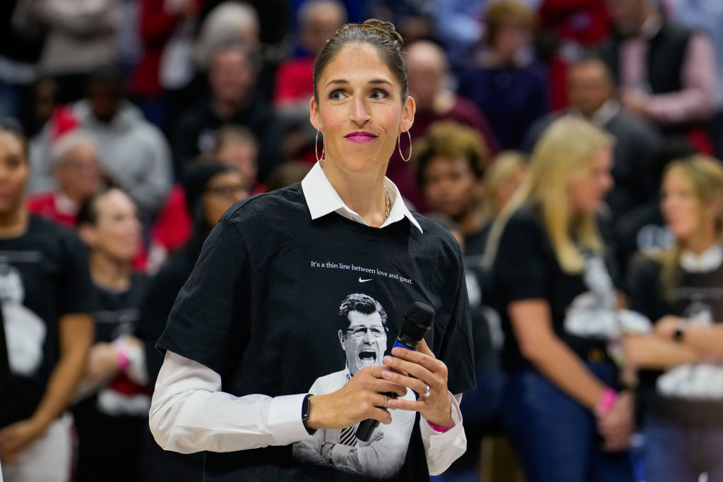 Rebecca Lobo speaks during an event celebrating Connecticut Huskies head coach Geno Auriemma’s all-time NCAA basketball wins record at the Harry A. Gampel Pavilion on November 20, 2024 in Storrs, Connecticut.