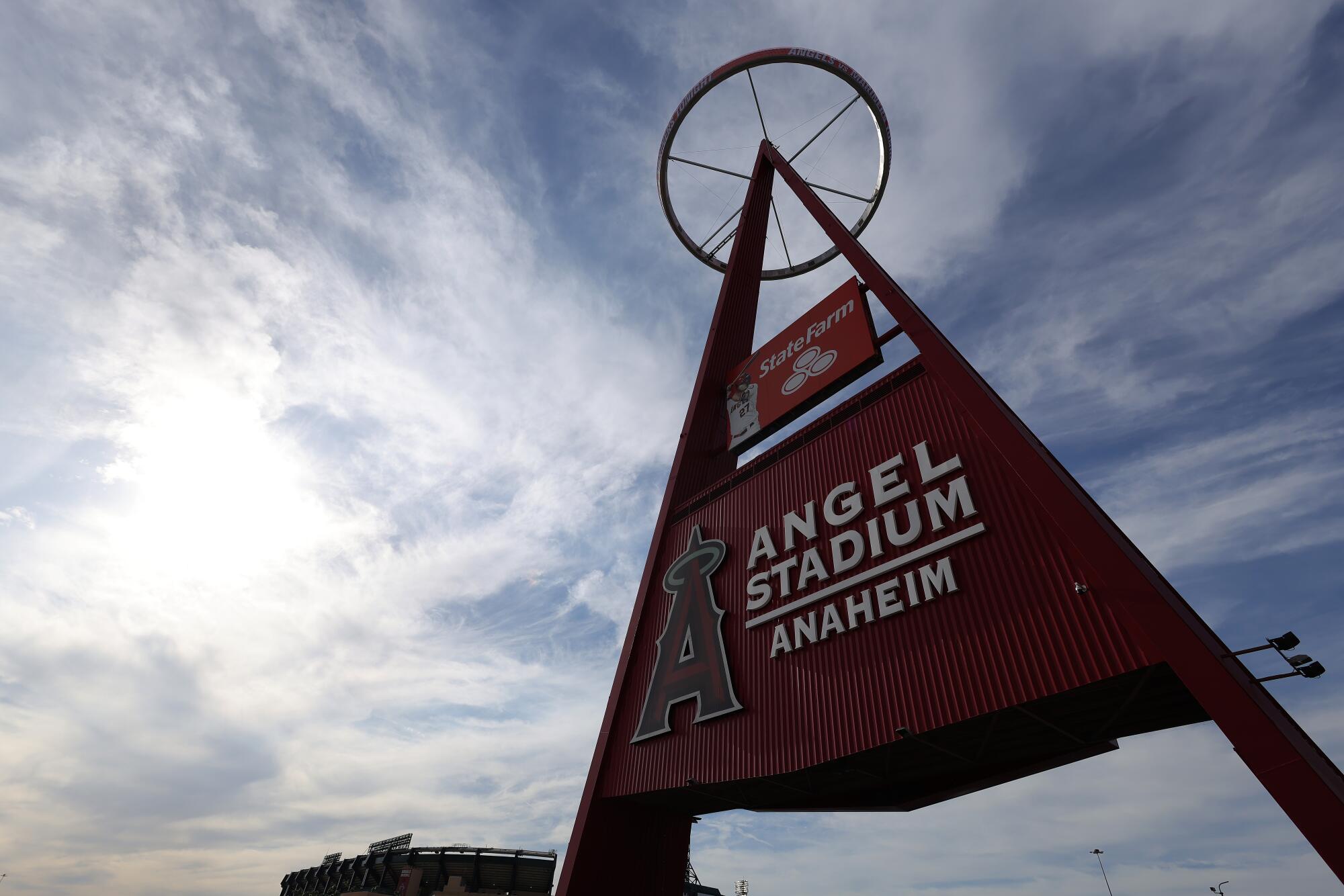 The "Big A" sign outside Angel Stadium on Friday during the team's home opener.