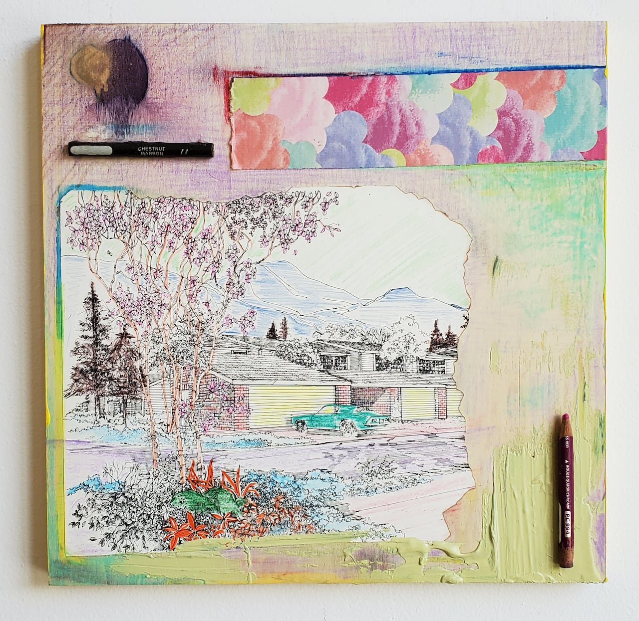 A collage with a sketch of a house and car, along with a pencil crayon.