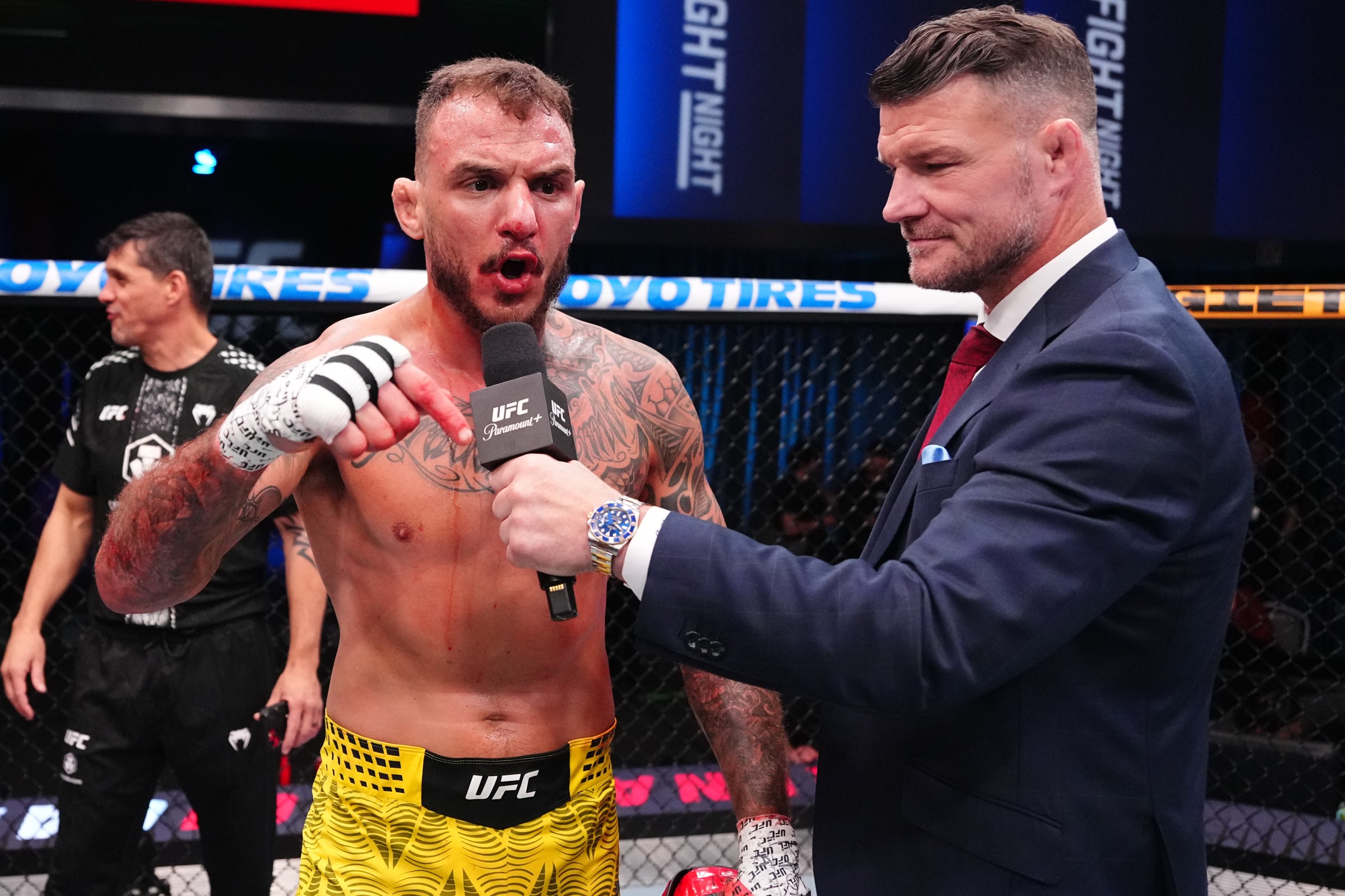 LAS VEGAS, NEVADA - APRIL 04: Renato Moicano of Brazil reacts after a submission victory against Chris Duncan of Scotland in a lightweight fight during the UFC Fight Night event at Meta APEX on April 04, 2026 in Las Vegas, Nevada. (Photo by Jeff Bottari/Zuffa LLC)