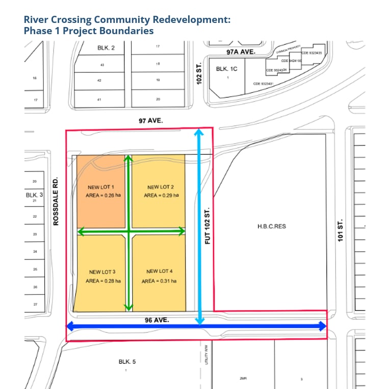 A zoomed-in map of an area near Rossdale Road and 97th Avenue in Edmonton. 
